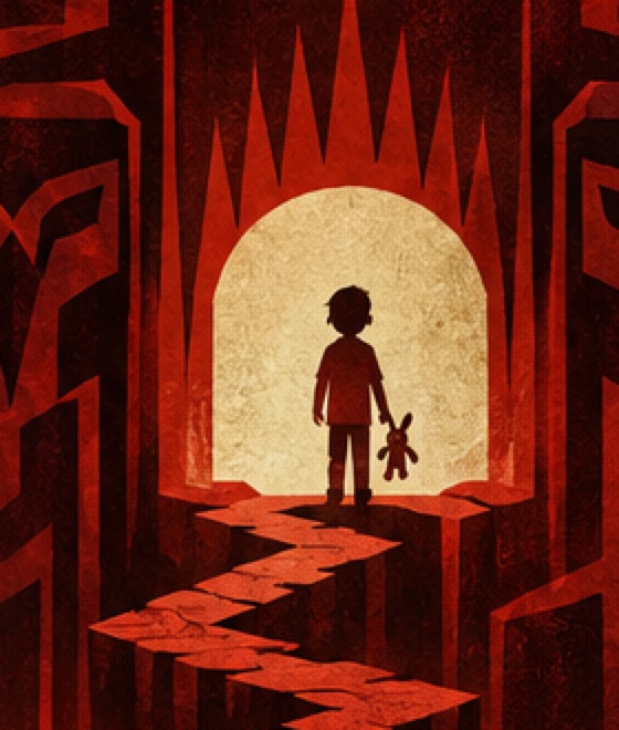 Cash, holding his stuffed rabbit, stands in a glowing doorway at the end of a winding path